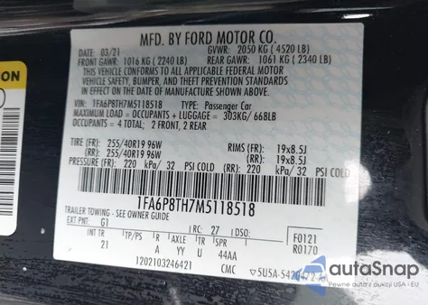 2021 Ford Mustang Ecoboost Fastback из США, поврежденный, VIN 1FA6P8TH7M5118518